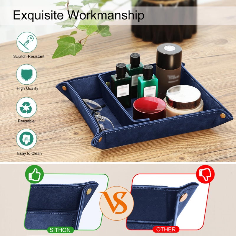 SITHON Valet Tray Desktop Storage Organizer, Removable 2 Compartments Catchall Tray Bedside Vanity Nightstand Caddy Holder Desk Storage Plate, Dark Blue - Image 4