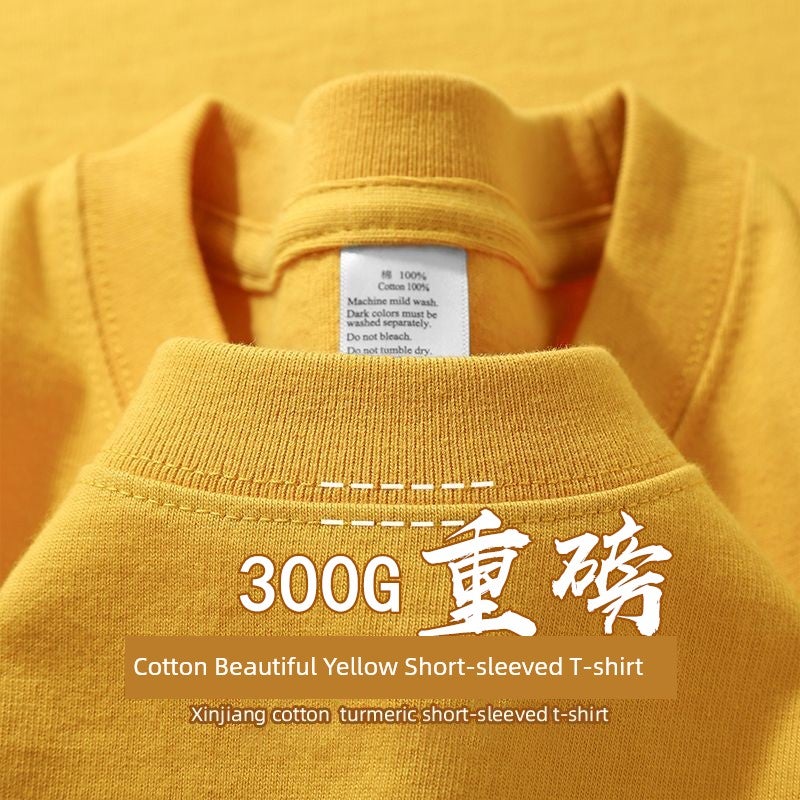 Military green 300g heavy cotton round neck short-sleeved T-shirt for men and women in summer loose retro casual solid color clothes - Image 2
