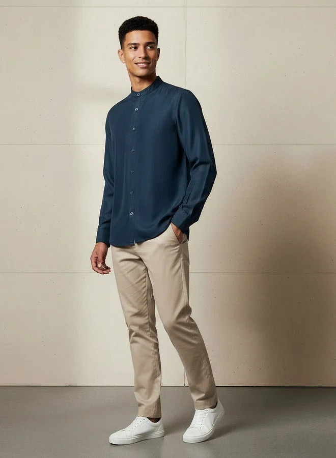 سبلاش فيڤ Men Regular Fit Mandarin Collar Long Sleeves Linen Look Shirt