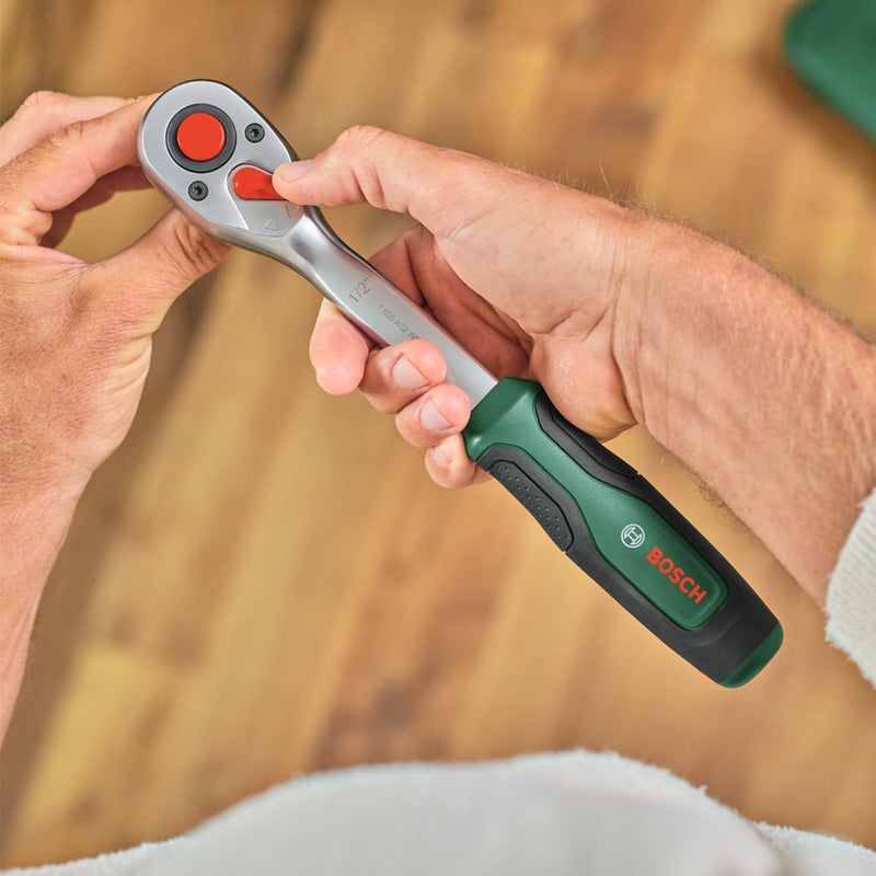 BOSCH طقم رافعة 1/4" + 1/2" مكون من 57 قطعة عزم دوران عالي، تصميم مريح وأدوات متعددة الاستخدامات لمهام DIY في المنزل، مع مفاتيح، امتدادات وقطع. - Image 4