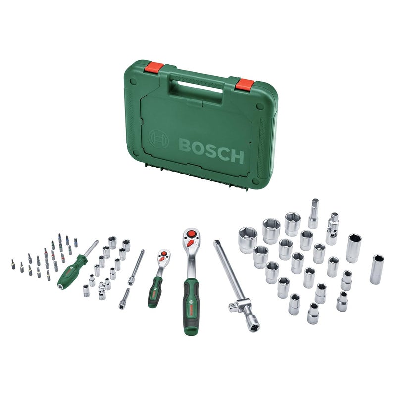 BOSCH طقم رافعة 1/4" + 1/2" مكون من 57 قطعة عزم دوران عالي، تصميم مريح وأدوات متعددة الاستخدامات لمهام DIY في المنزل، مع مفاتيح، امتدادات وقطع. - Image 1