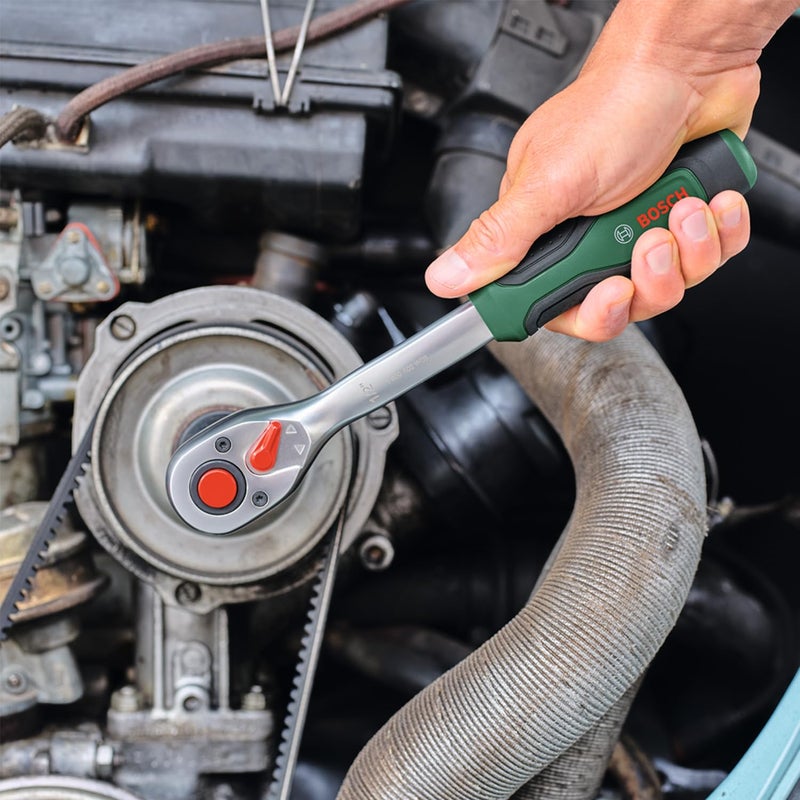 BOSCH طقم رافعة 1/4" + 1/2" مكون من 57 قطعة عزم دوران عالي، تصميم مريح وأدوات متعددة الاستخدامات لمهام DIY في المنزل، مع مفاتيح، امتدادات وقطع. - Image 5