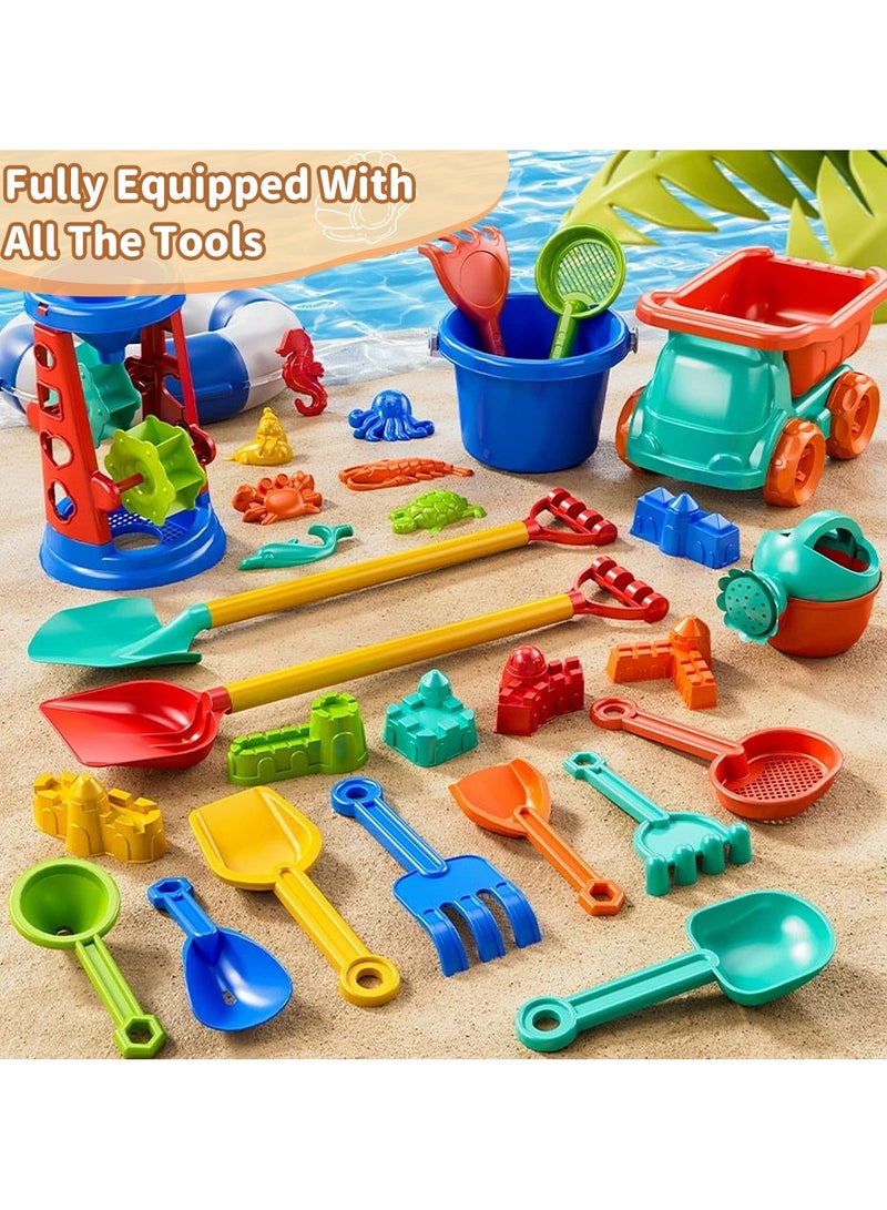 HomKawt 29 PCS Beach Toy Set Plastic Multifunctional Children Gift with Storage Net Bag Beach Plastic Toy Shovel Truck Bucket - Image 1