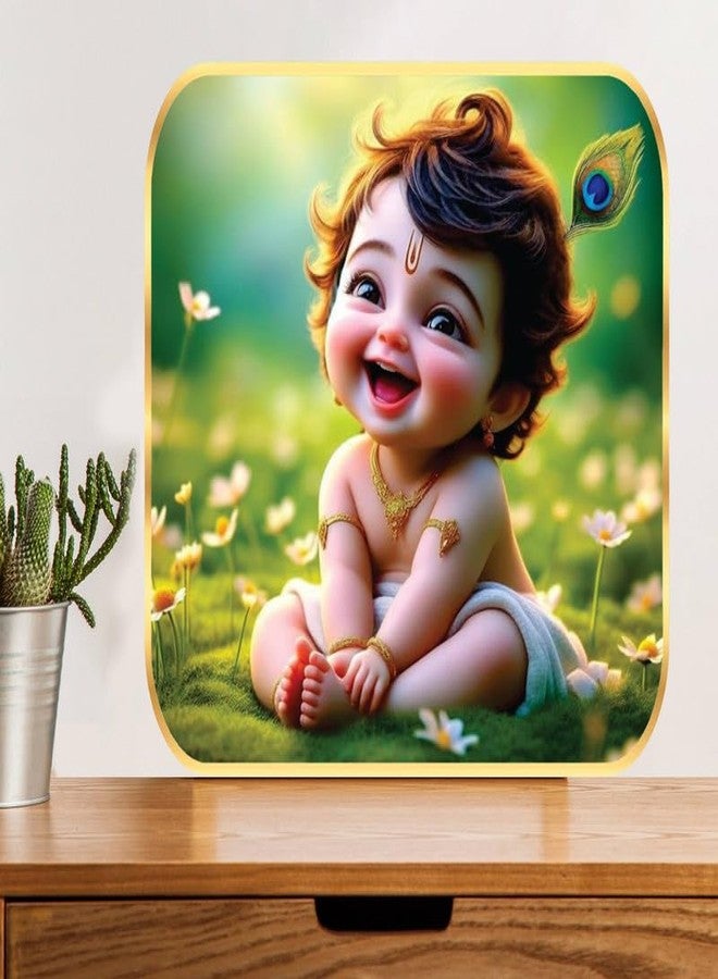wallpics Cute little Bal Gopal Baby God Krishna| Kanha Ji | Laddu Lord Makhan Chor Wall Painting with Sparkle lamination Round Golden Framed Poster for Pregnant Women ||16 x 16 inch || g3 - Image 1