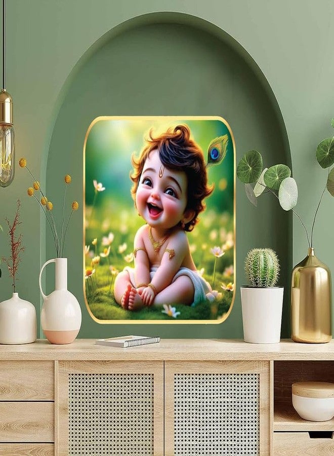 wallpics Cute little Bal Gopal Baby God Krishna| Kanha Ji | Laddu Lord Makhan Chor Wall Painting with Sparkle lamination Round Golden Framed Poster for Pregnant Women ||16 x 16 inch || g3 - Image 3