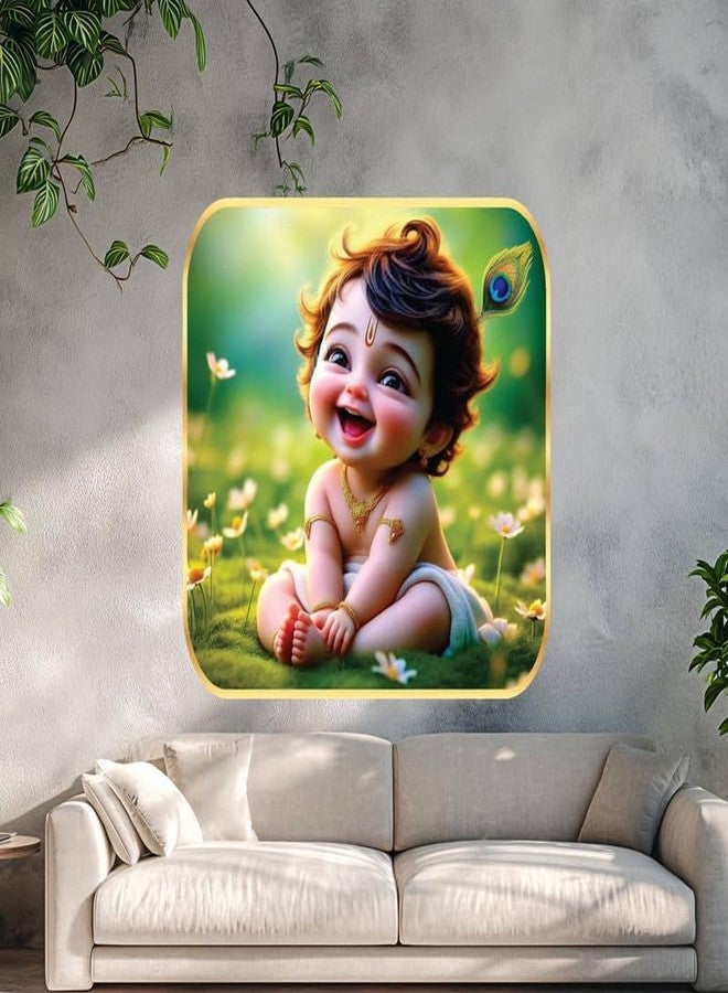wallpics Cute little Bal Gopal Baby God Krishna| Kanha Ji | Laddu Lord Makhan Chor Wall Painting with Sparkle lamination Round Golden Framed Poster for Pregnant Women ||16 x 16 inch || g3 - Image 5