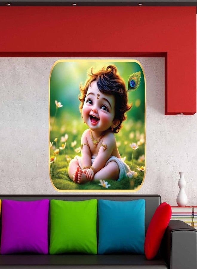 wallpics Cute little Bal Gopal Baby God Krishna| Kanha Ji | Laddu Lord Makhan Chor Wall Painting with Sparkle lamination Round Golden Framed Poster for Pregnant Women ||16 x 16 inch || g3 - Image 4