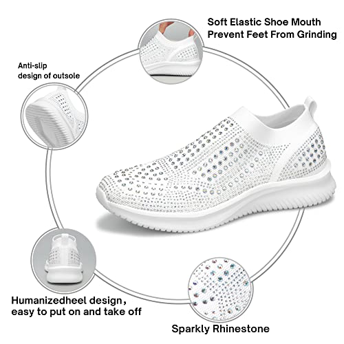 BELOS Women's Rhinestone Slip On Walking Shoes Breathable Mesh Knit Sock Shoes Fashion Comfortable Sparkly Sneaker (White,8) - Image 4