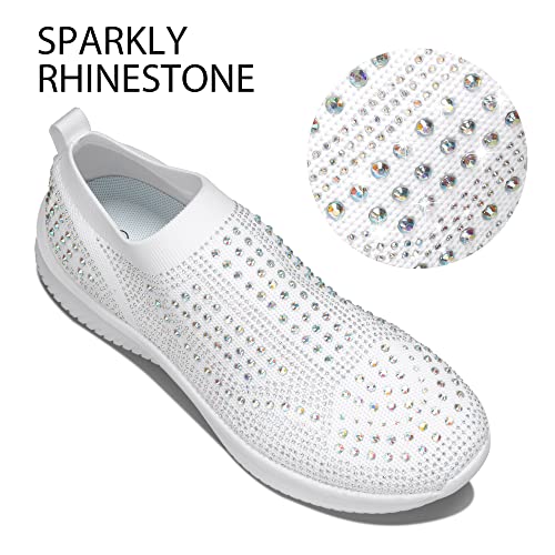 BELOS Women's Rhinestone Slip On Walking Shoes Breathable Mesh Knit Sock Shoes Fashion Comfortable Sparkly Sneaker (White,8) - Image 3