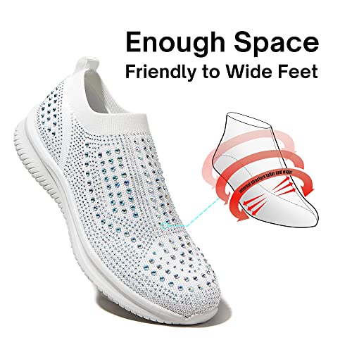 BELOS Women's Rhinestone Slip On Walking Shoes Breathable Mesh Knit Sock Shoes Fashion Comfortable Sparkly Sneaker (White,8) - Image 5