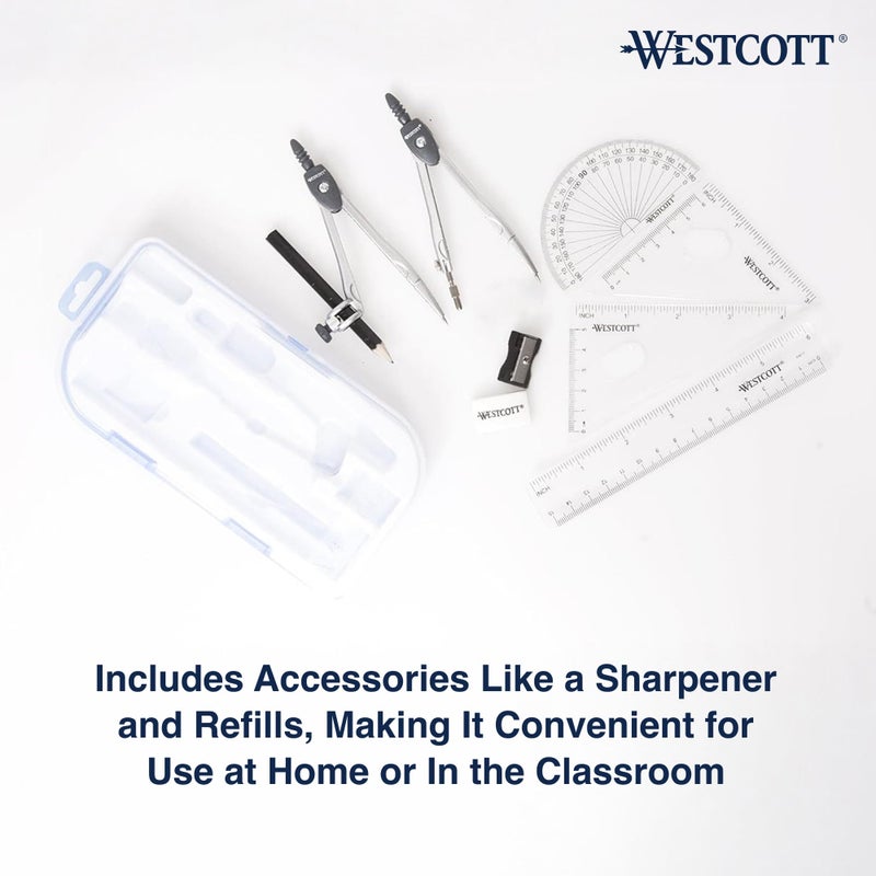 Westcott 10-Piece Math Set for Students, Includes 2 Compasses, Protractor & Ruler, Back to School, Classroom, School Supplies, Geometry Practice, Durable Storage Case - Image 5