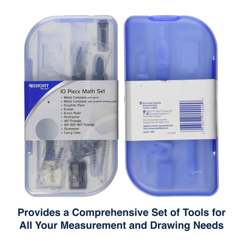 Westcott 10-Piece Math Set for Students, Includes 2 Compasses, Protractor & Ruler, Back to School, Classroom, School Supplies, Geometry Practice, Durable Storage Case - Image 3