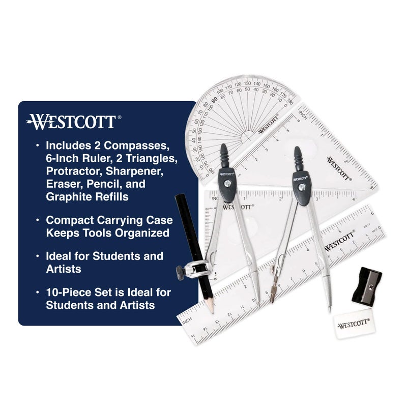 Westcott 10-Piece Math Set for Students, Includes 2 Compasses, Protractor & Ruler, Back to School, Classroom, School Supplies, Geometry Practice, Durable Storage Case - Image 2