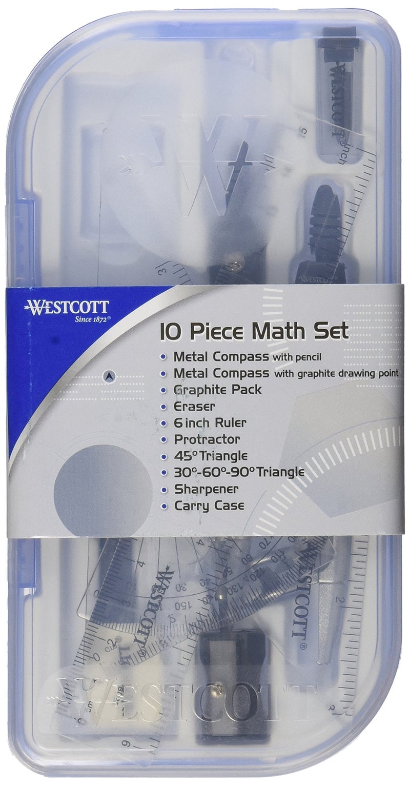 Westcott 10-Piece Math Set for Students, Includes 2 Compasses, Protractor & Ruler, Back to School, Classroom, School Supplies, Geometry Practice, Durable Storage Case - Image 1