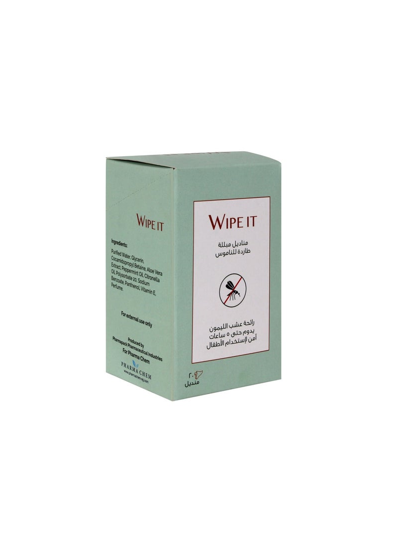 Wipe It Mosquito Repellent Wipes, 20 Wipes, DEET-Free, Lemongrass Scent, Up to 5 Hours Mosquito Protection, Suitable for Kids - Image 1