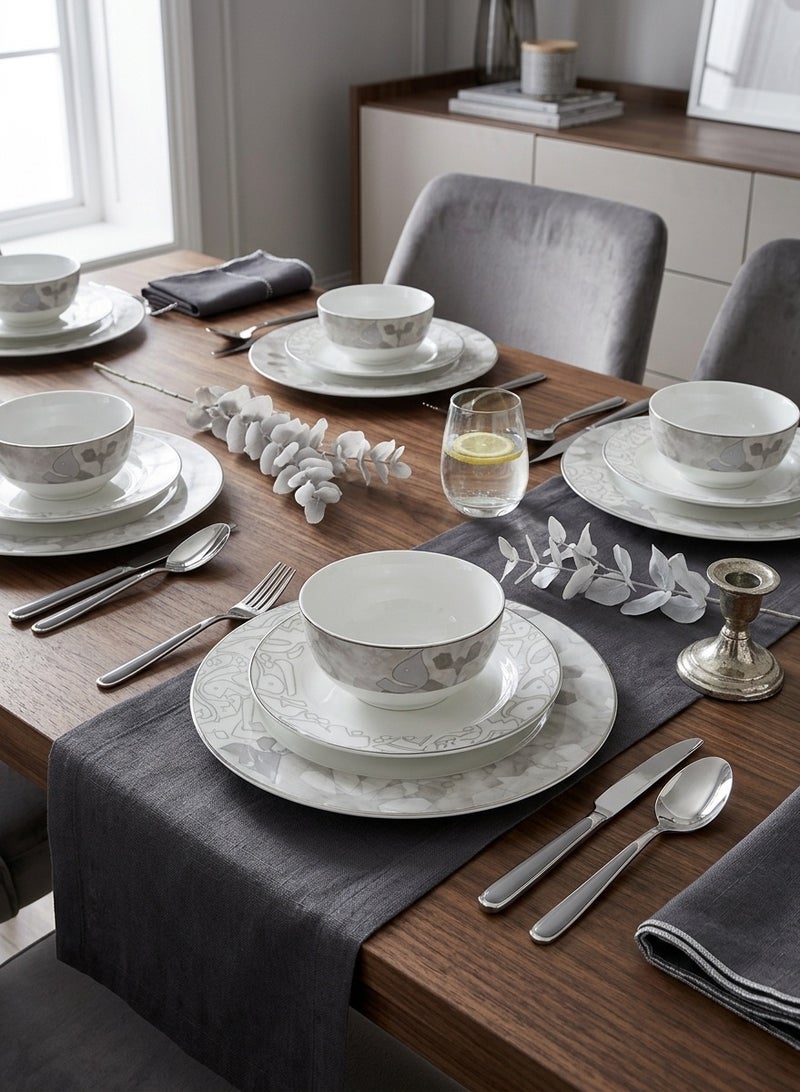 Trust 18-Piece Porcelain Dinner Set Grey/Silver, 6pcs Dinner Plate 10.5 inch, 6pcs Side Plate 7.5 inch, 6pcs Bowl 5.5 inch - Image 2