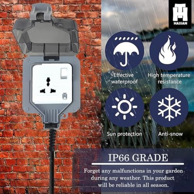 سلك تمديد طويل مقاوم للماء في الهواء الطلق سلك تمديد مقاوم للماء IP66 Garden Way Gang مانع لتسرب الماء مزود بمقبس غطاء قابل للقفل للاستخدام الخارجي مقبس بمفتاح فردي 10M/393.7 بوصة (رمادي) - Image 2
