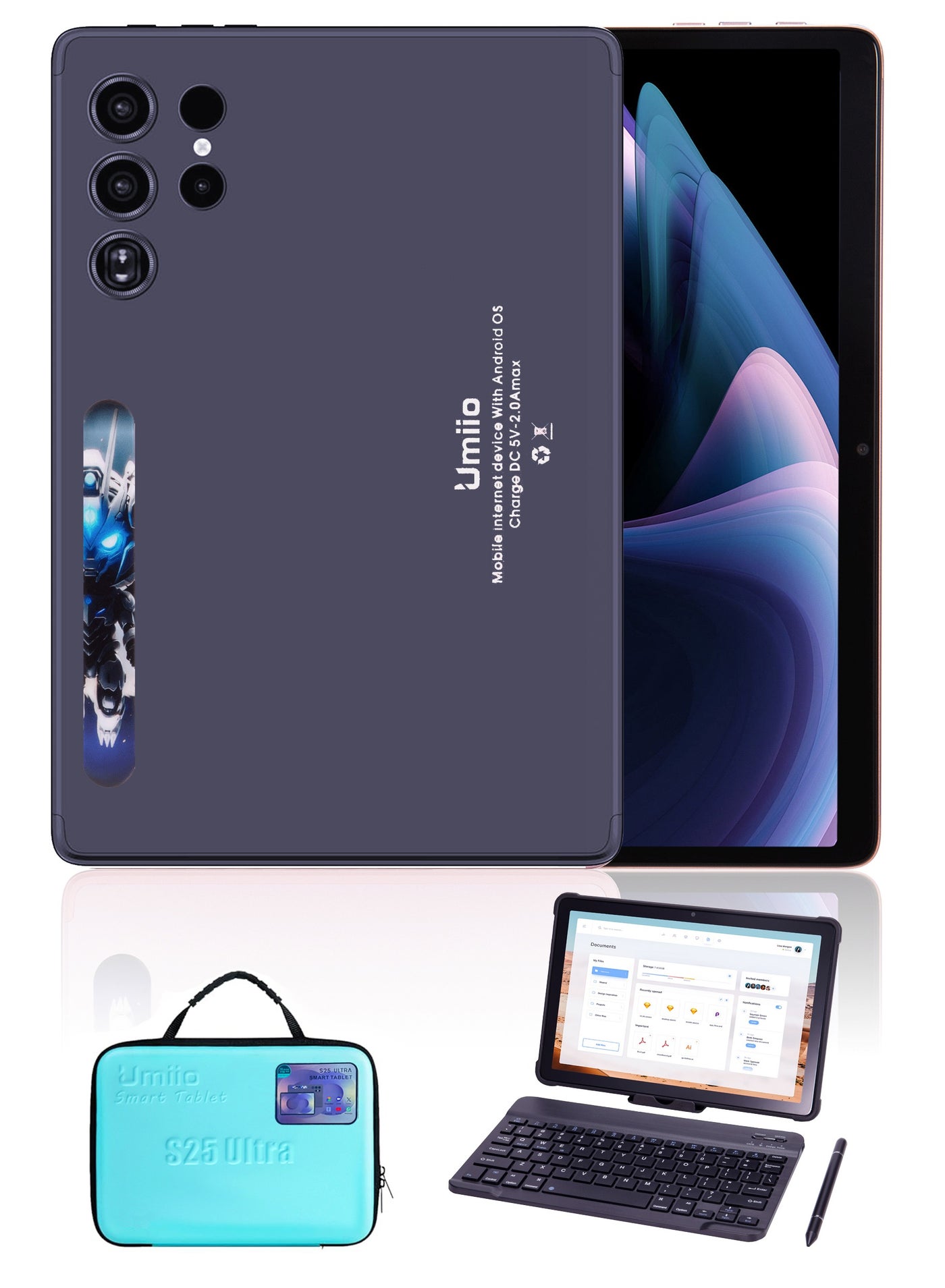 Umiio Smart Tablet S25 Ultra 10.1-inch HD Display with Keyboard/Case and EWB Handbag 16GB RAM 1TB ROM Dual SIM 5G Network Android Tab WiFi GPS Slim Kids Tablet  Grey
