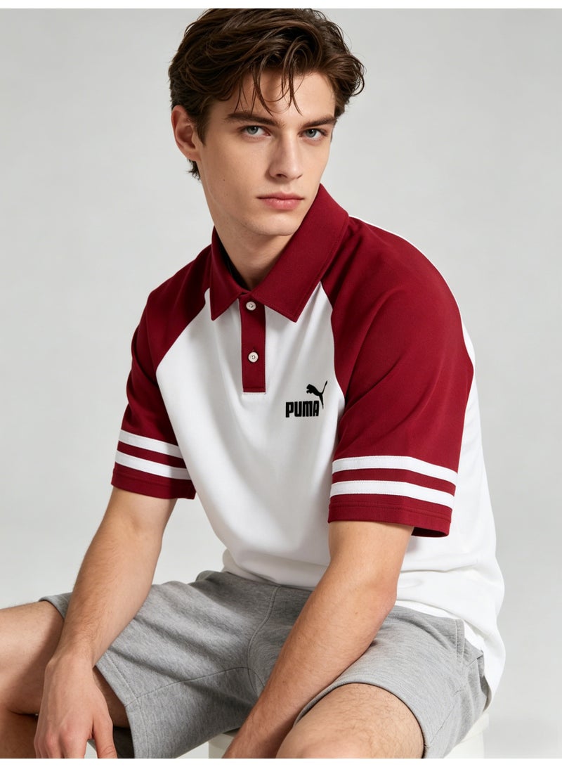 بوما PUMA Men’s Raglan Sleeve Polo Shirt, White with Red Contrast - Image 4