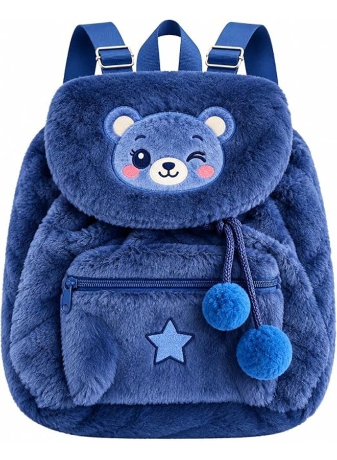 First Choice Kids Fluffy Bear Backpack, Soft Plush Toddler School Bag, Lightweight and Comfortable Rucksack with Adjustable Straps for Daily Use - Navy Blue - Image 1