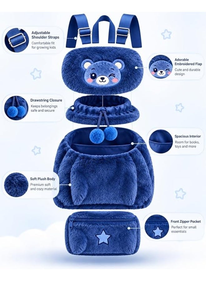 First Choice Kids Fluffy Bear Backpack, Soft Plush Toddler School Bag, Lightweight and Comfortable Rucksack with Adjustable Straps for Daily Use - Navy Blue - Image 3