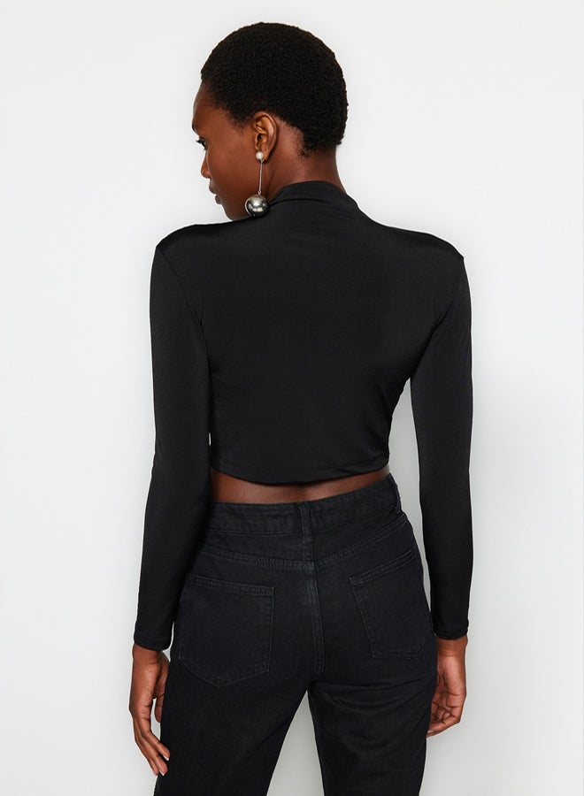trendyol Black High Collar Draped Crop Blouse TWOAW24BZ00164 - Image 5