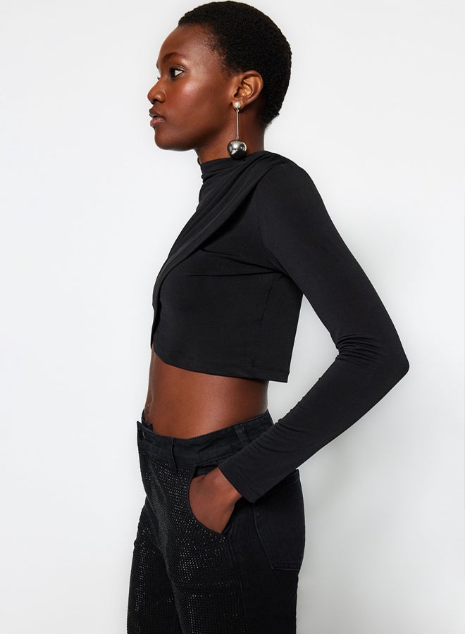 trendyol Black High Collar Draped Crop Blouse TWOAW24BZ00164 - Image 3