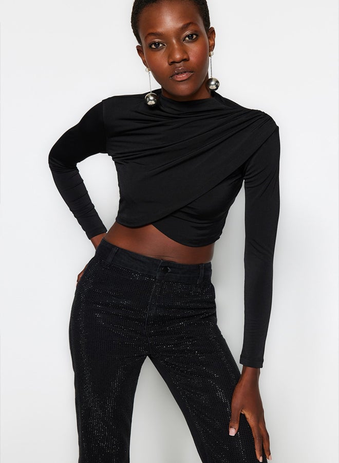 trendyol Black High Collar Draped Crop Blouse TWOAW24BZ00164 - Image 1