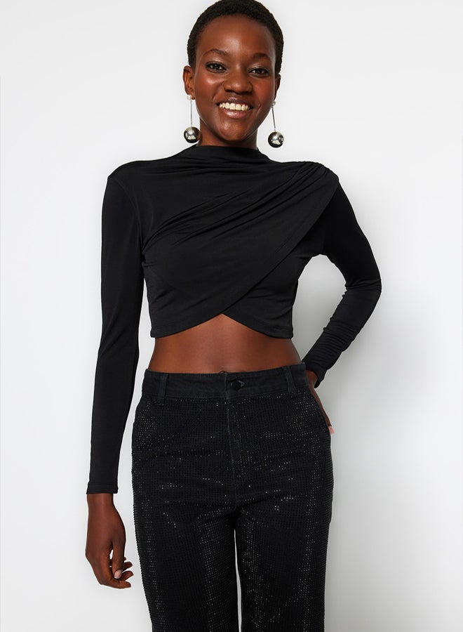 trendyol Black High Collar Draped Crop Blouse TWOAW24BZ00164 - Image 2