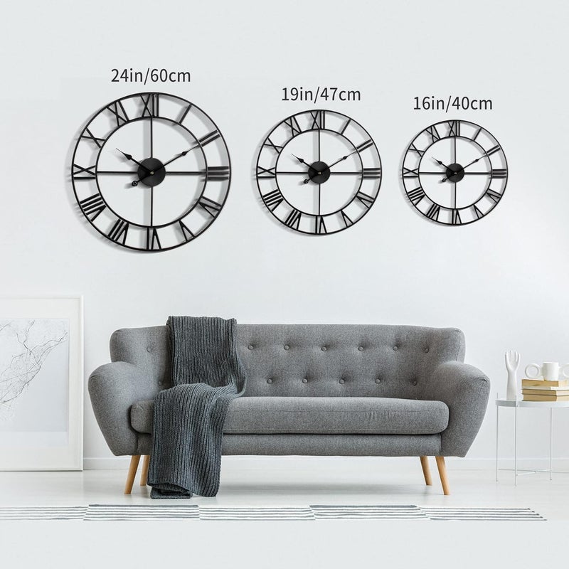 LEIKE Large Modern Metal Wall Clocks Rustic Round Nearly Silent Little Ticking Battery Operated Roman Numerals Clock for Living Room/Bedroom/Kitchen Wall Decor-(Black, 47cm) - Image 3