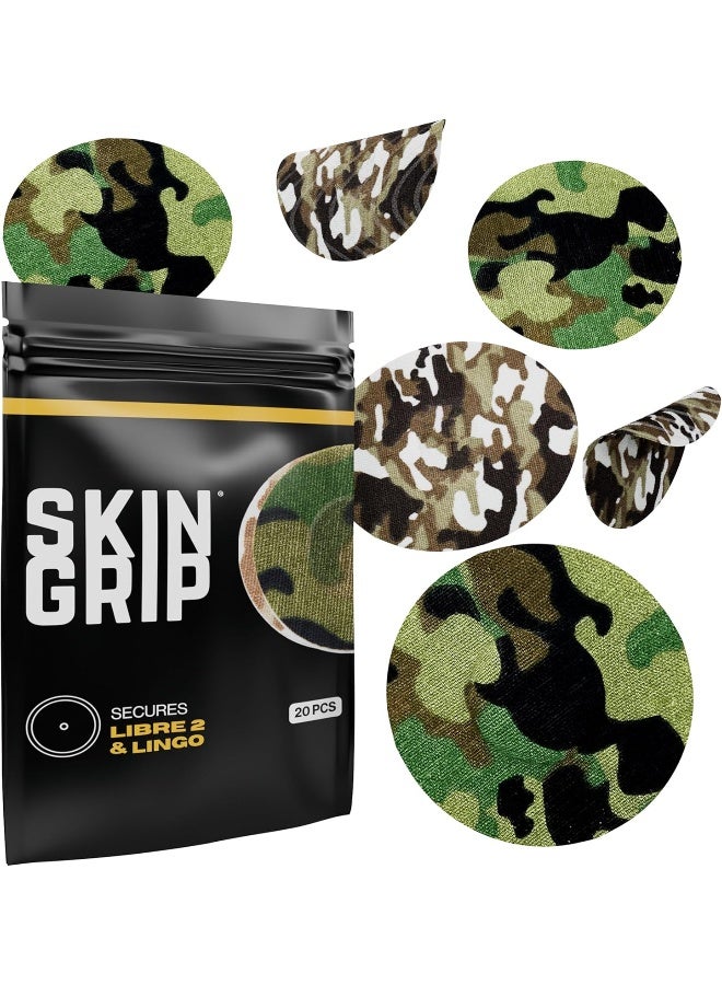 Skin Grip Adhesive Patches for Freestyle Libre 2 – Waterproof & Sweatproof for 10-14 Days, Pre-Cut Adhesive Tape, Continuous Glucose Monitor Sensor Cover – 20 Pack, Camo - Image 1