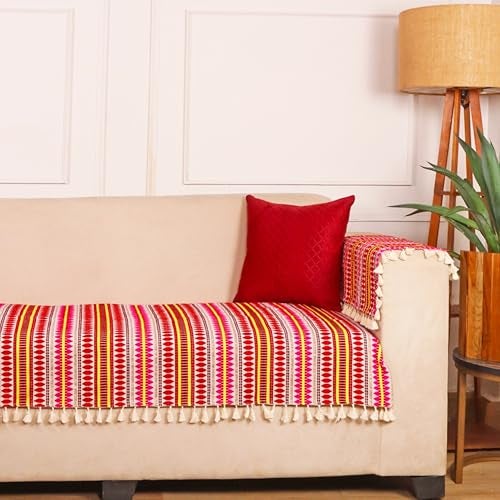 STITCHNEST Woven 2 Seater Sofa Protector with 2 Hand Rest Covers – Red & White Stripe Design – Washable Fabric with Tassels – Stylish Sofa Cover for Modern Living Room & Furniture Décor - Image 5