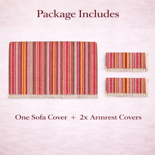STITCHNEST Woven 2 Seater Sofa Protector with 2 Hand Rest Covers – Red & White Stripe Design – Washable Fabric with Tassels – Stylish Sofa Cover for Modern Living Room & Furniture Décor - Image 2
