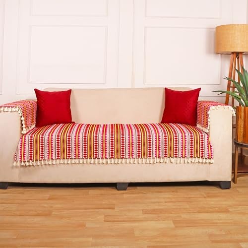 STITCHNEST Woven 2 Seater Sofa Protector with 2 Hand Rest Covers – Red & White Stripe Design – Washable Fabric with Tassels – Stylish Sofa Cover for Modern Living Room & Furniture Décor - Image 4