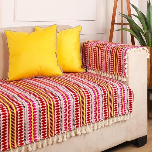 STITCHNEST Woven 2 Seater Sofa Protector with 2 Hand Rest Covers – Red & White Stripe Design – Washable Fabric with Tassels – Stylish Sofa Cover for Modern Living Room & Furniture Décor - Image 1