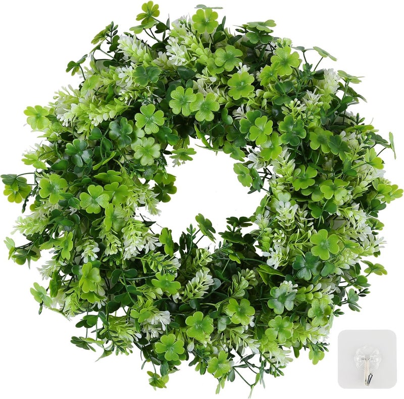 Vintend 17.8" St Patricks Day Shamrock Wreath for Front Door, Saint Patricks Day Artificial Wreath Decoration, Irish Clover Spring Summer Greenery Wreath for Wall Window Indoor Outdoor Porch Home Gift Decor - Image 1