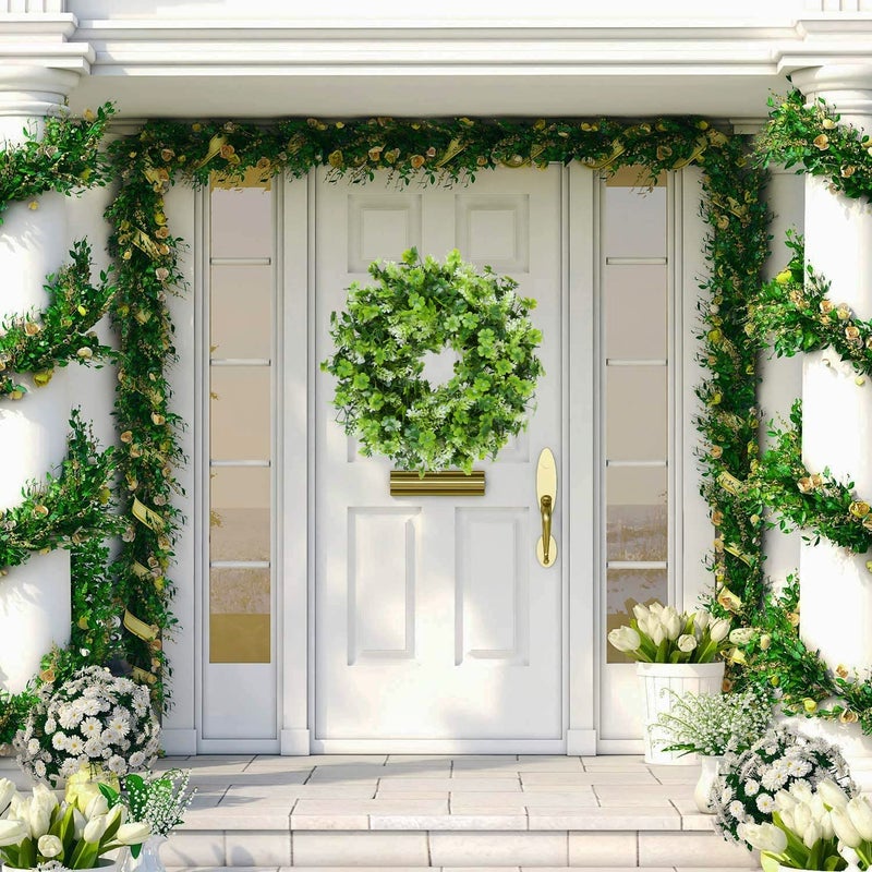 Vintend 17.8" St Patricks Day Shamrock Wreath for Front Door, Saint Patricks Day Artificial Wreath Decoration, Irish Clover Spring Summer Greenery Wreath for Wall Window Indoor Outdoor Porch Home Gift Decor - Image 4