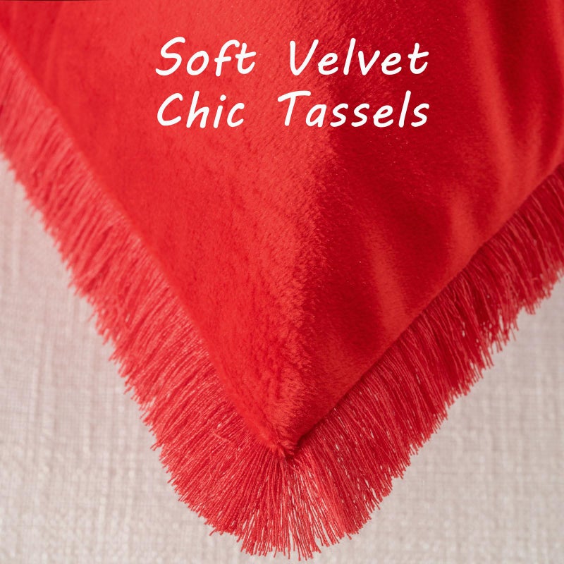 Futei Red Boho رمي أغطية وسادة مع شرابات 22 × 22 بوصة مجموعة من 2 مخملي ناعم تزيين وسادة ديكور المنزل لأريكة غرفة المعيشة - Image 2