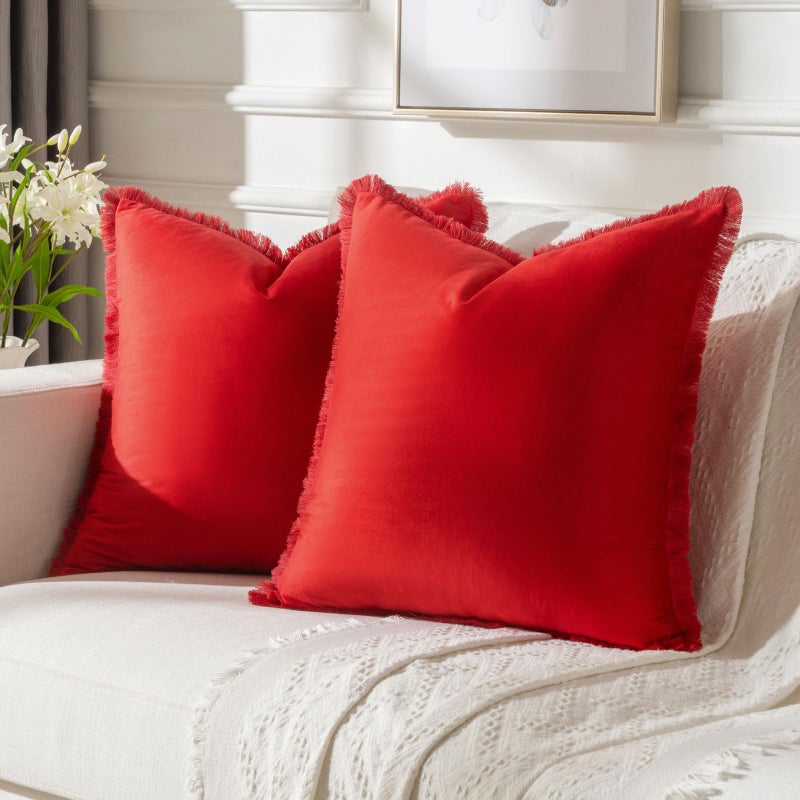 Futei Red Boho رمي أغطية وسادة مع شرابات 22 × 22 بوصة مجموعة من 2 مخملي ناعم تزيين وسادة ديكور المنزل لأريكة غرفة المعيشة - Image 1
