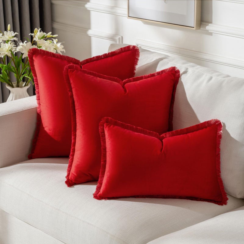 Futei Red Boho رمي أغطية وسادة مع شرابات 22 × 22 بوصة مجموعة من 2 مخملي ناعم تزيين وسادة ديكور المنزل لأريكة غرفة المعيشة - Image 5