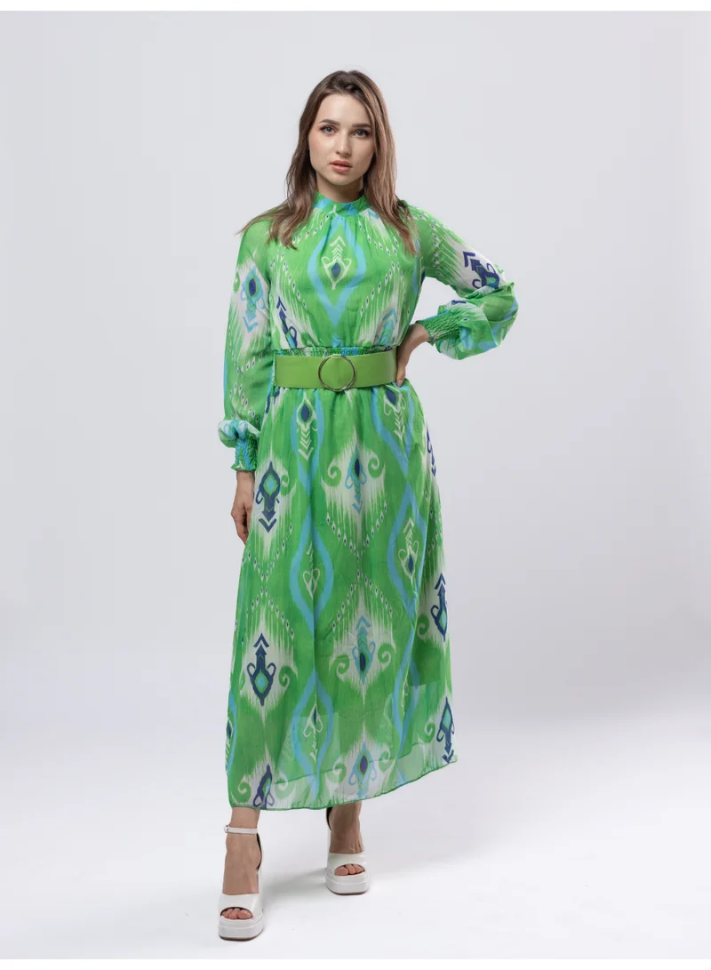 فاشونارا فستان طويل مطبوع باللون الأخضر بأكمام طويلة وحزام من الشيفون