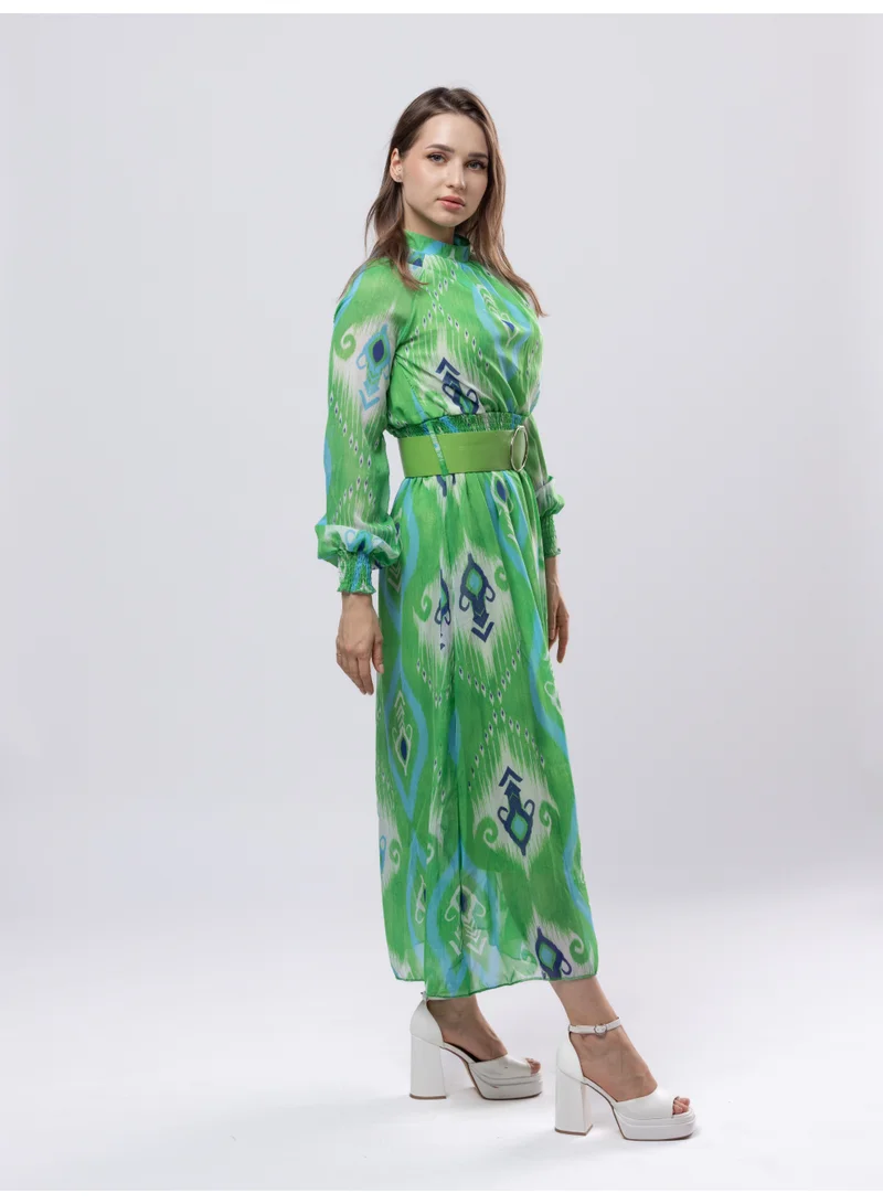 Fashonara  Chiffon Full Sleeve Belted Long Green Printed Dress for Women | Best Price UAE