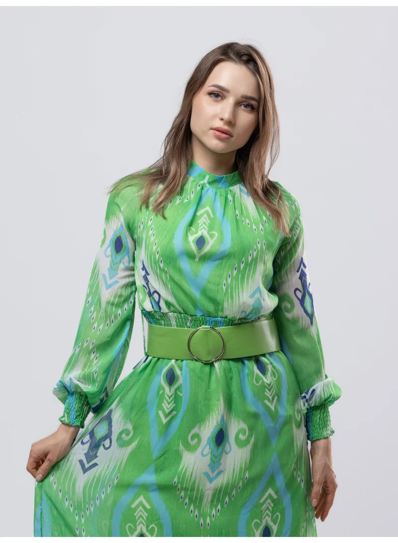 Fashonara  Chiffon Full Sleeve Belted Long Green Printed Dress for Women | Best Price UAE