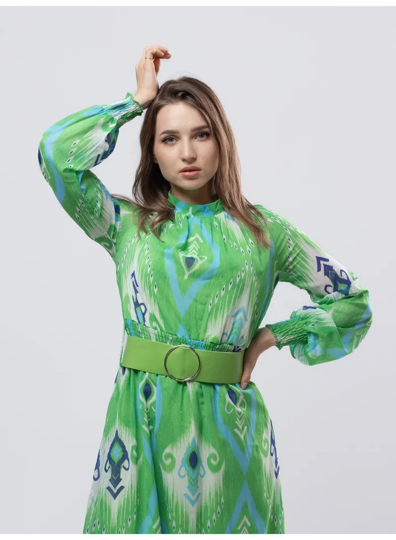 Fashonara  Chiffon Full Sleeve Belted Long Green Printed Dress for Women | Best Price UAE