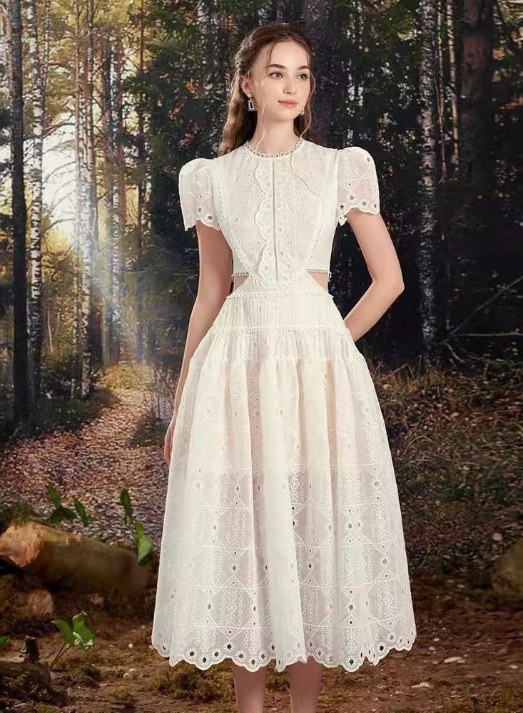 ZAGHOU A-Line Lace Hollow Out Round Neck White Dress - Image 1