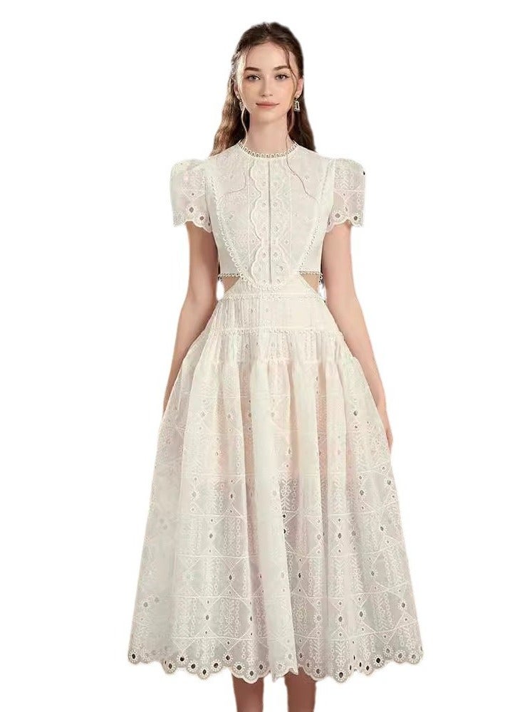 ZAGHOU A-Line Lace Hollow Out Round Neck White Dress - Image 3