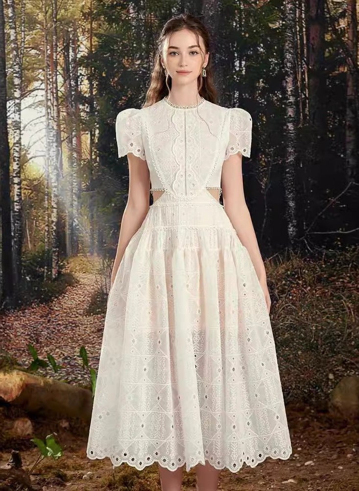 ZAGHOU A-Line Lace Hollow Out Round Neck White Dress - Image 4