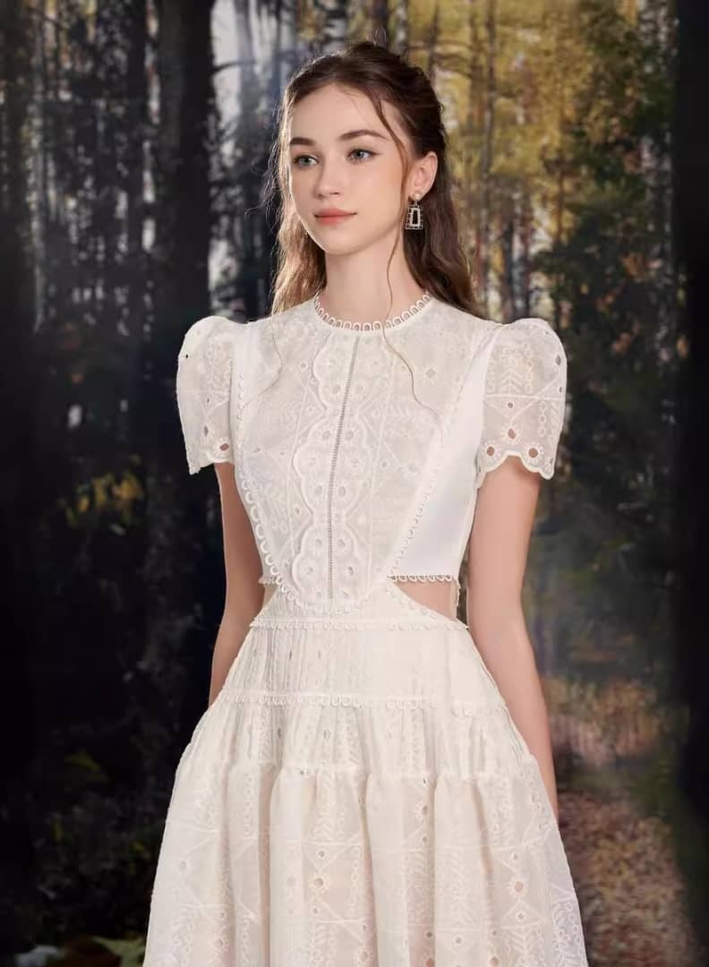 ZAGHOU A-Line Lace Hollow Out Round Neck White Dress - Image 5