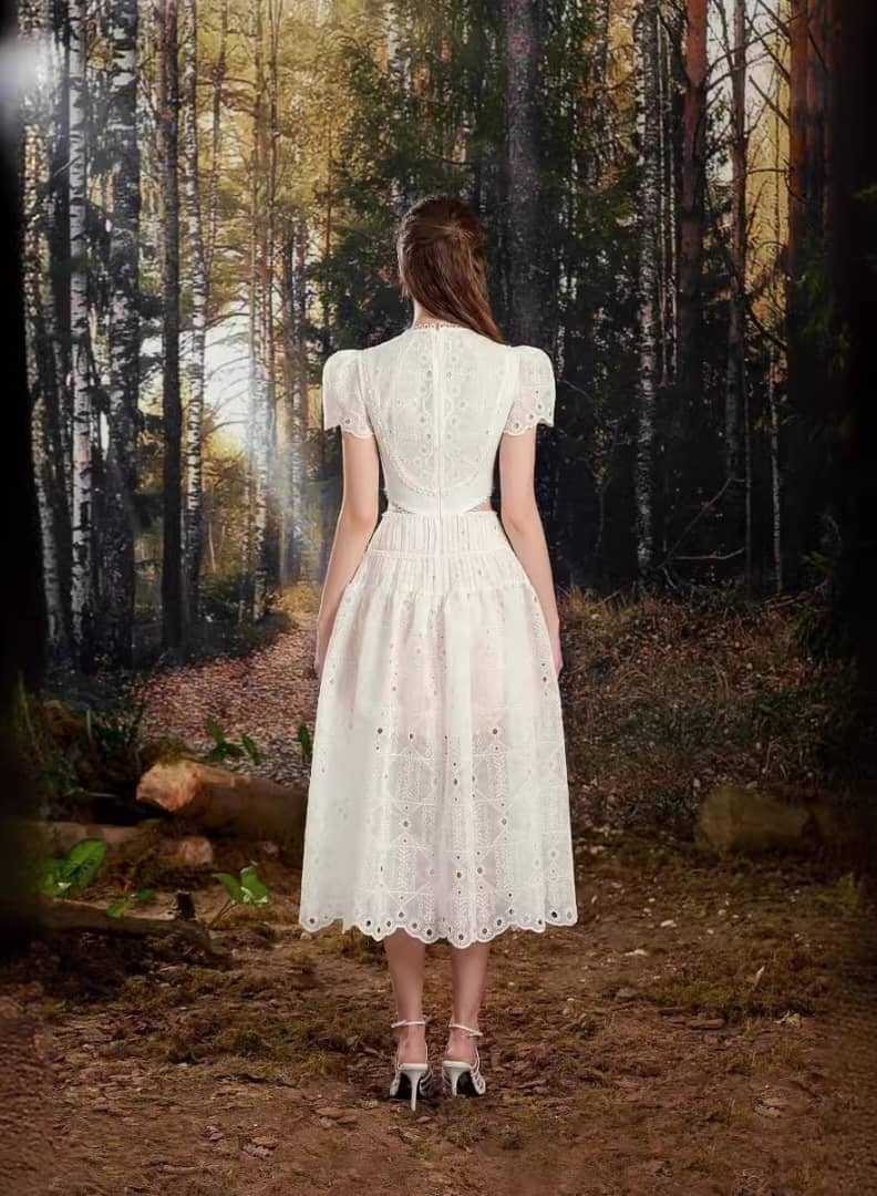 ZAGHOU A-Line Lace Hollow Out Round Neck White Dress - Image 2