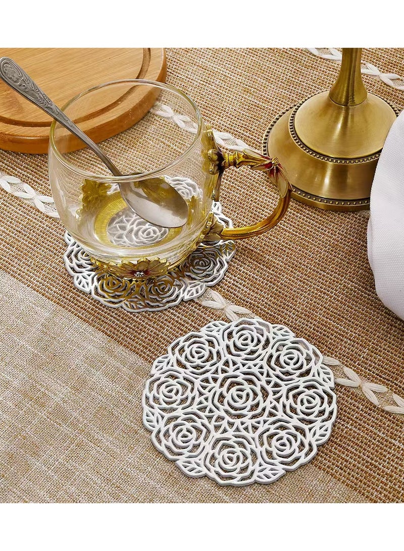 Elegant Cut-Out Rose Gold Coasters - Heat Resistant PVC  (6PCs) Premium Rose Golden Floral Coaster Set - 3D Embossed Rose Design for Home/Gifts (Silver) - Image 4